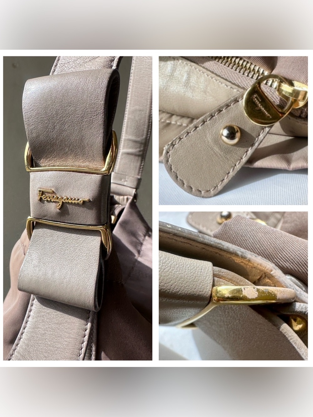SALVATORE FERRAGAMO Vara Nylon Leather Hobo Shoulder Bag Taupe - Picture 7 of 14